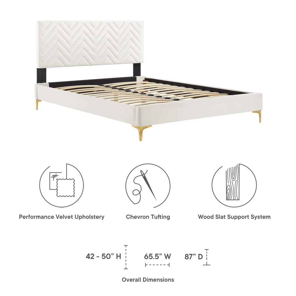 Leah Chevron Tufted Performance Velvet Platform Bed With Gold Metal Legs