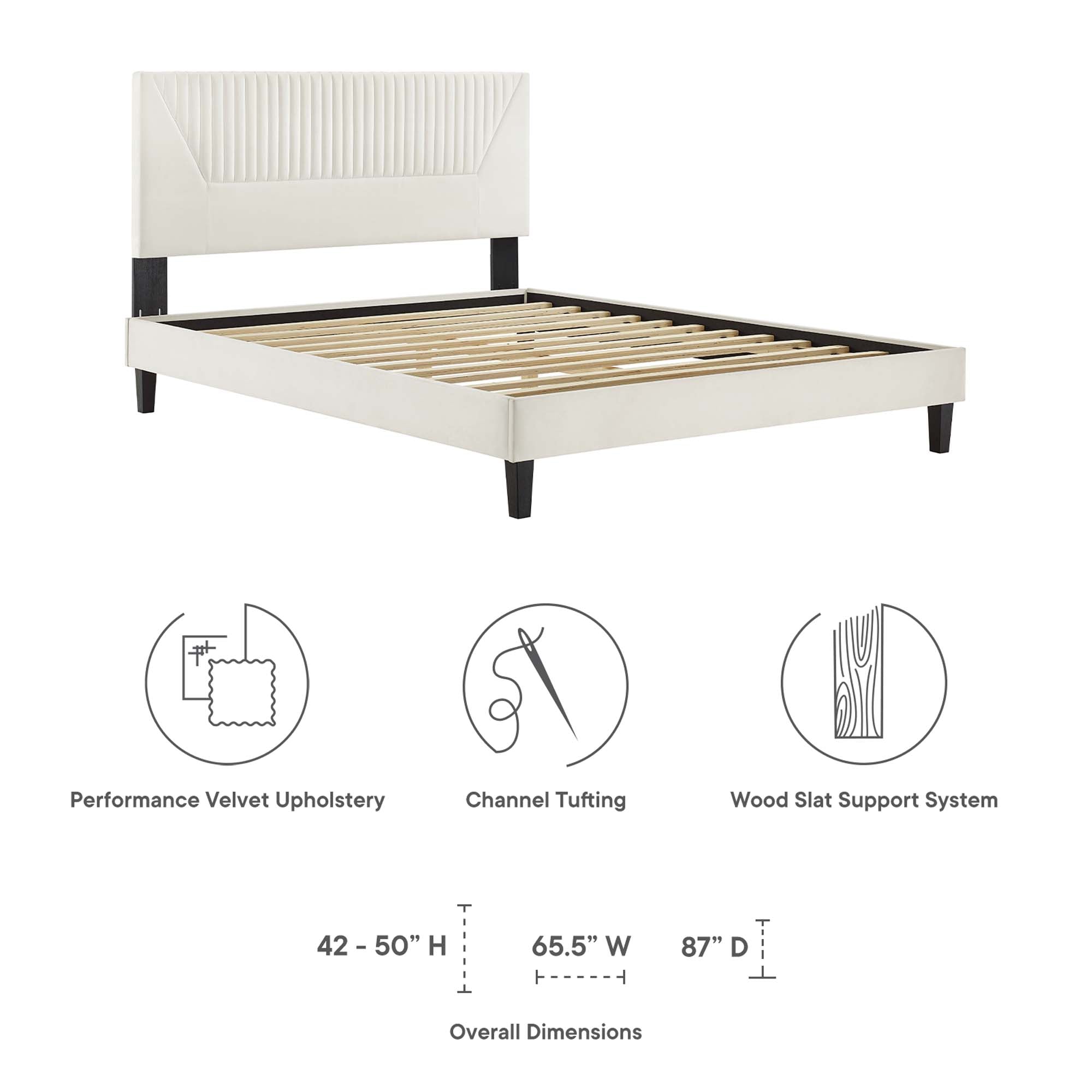 Yasmine Channel Tufted Performance Velvet Platform Bed With Black Wood Legs