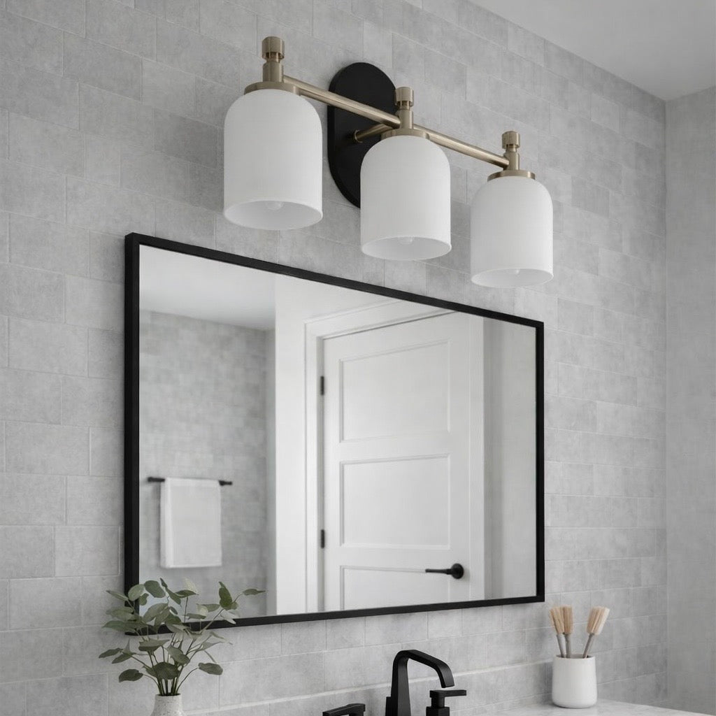 Meadows Three Lights Vanity Brushed Gold Bathroom Wall Light for Bathroom Over Mirror 20.5"W × 10.125"H × 5.5"E with White Frosted Glass