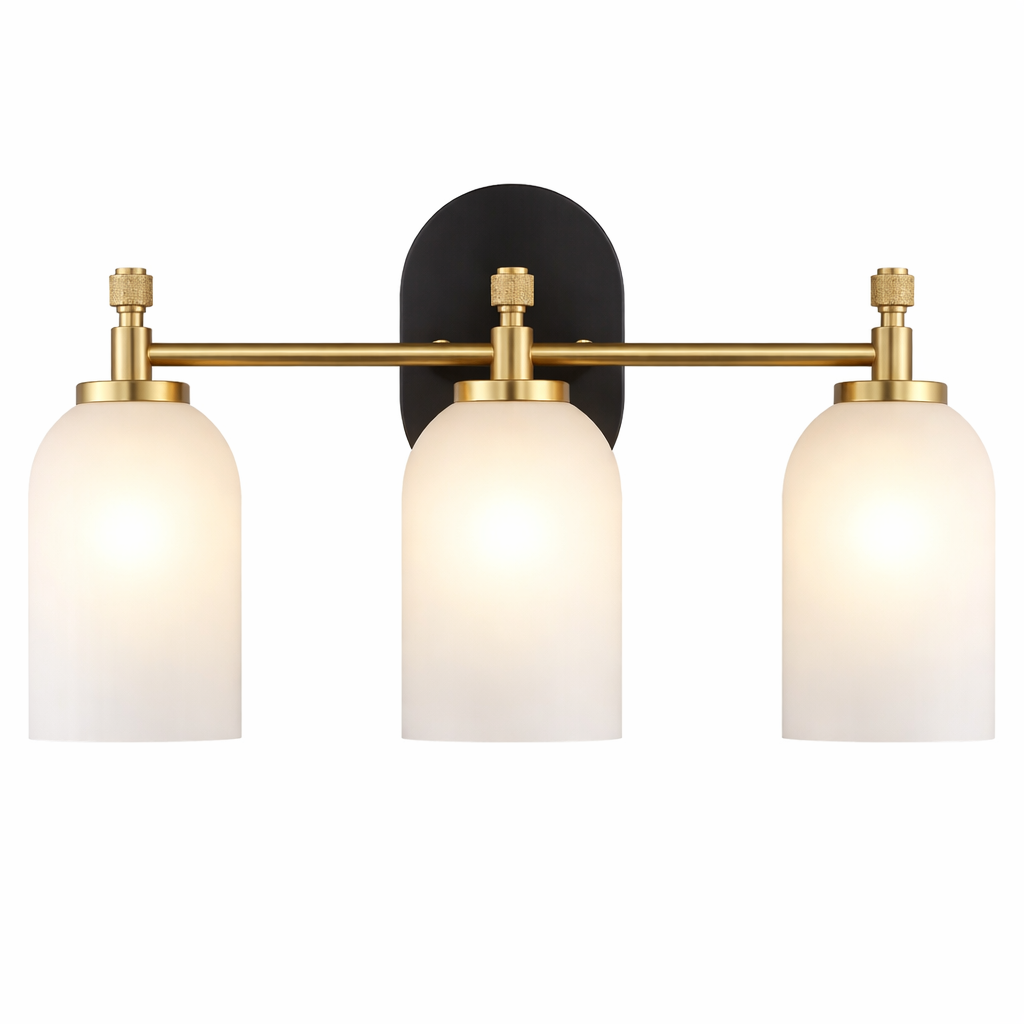 Meadows Three Lights Vanity Brushed Gold Bathroom Wall Light for Bathroom Over Mirror 20.5"W × 10.125"H × 5.5"E with White Frosted Glass