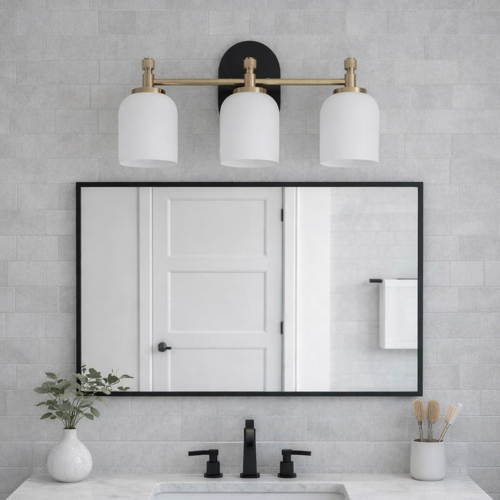 Meadows Three Lights Vanity Brushed Gold Bathroom Wall Light for Bathroom Over Mirror 20.5"W × 10.125"H × 5.5"E with White Frosted Glass