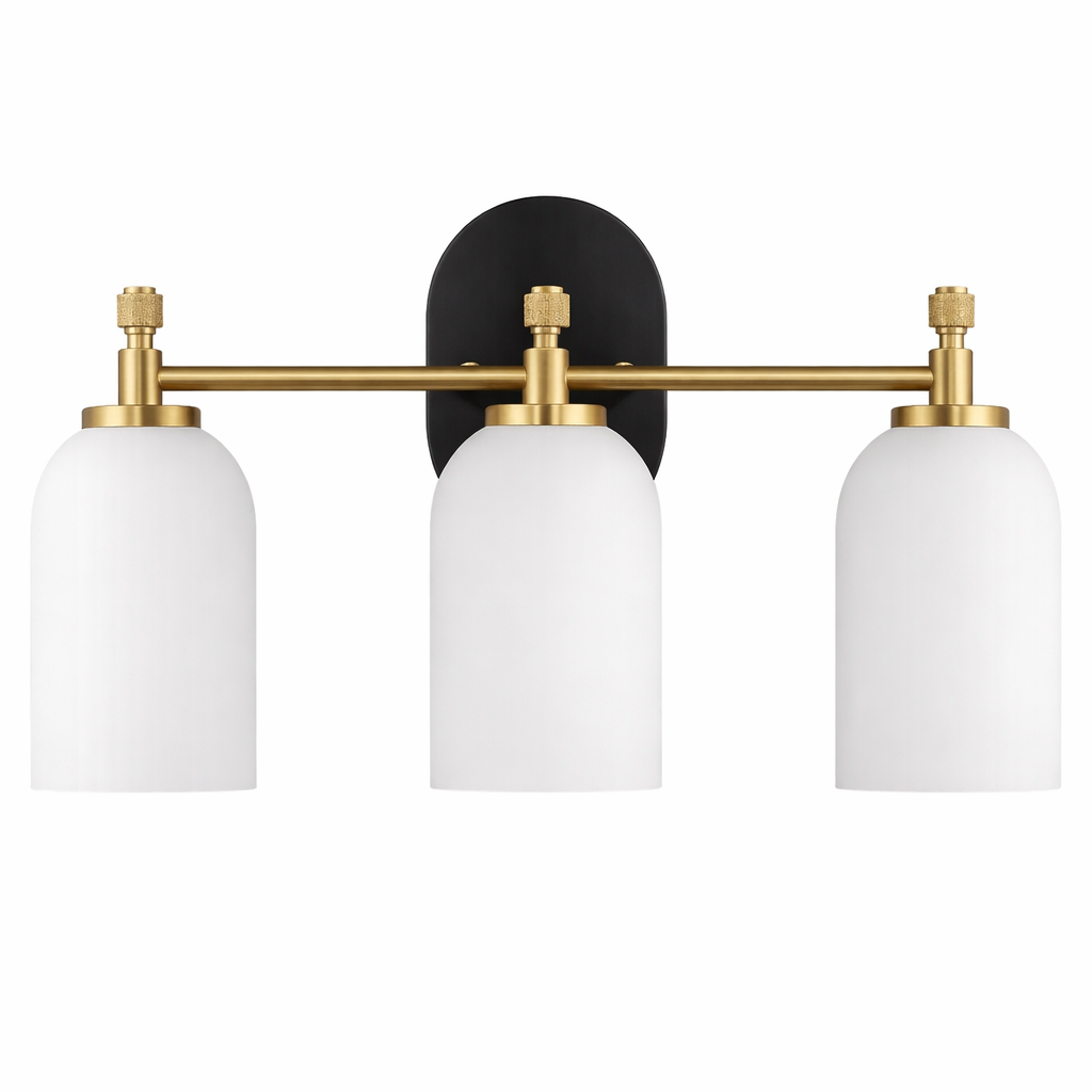 Meadows Three Lights Vanity Brushed Gold Bathroom Wall Light for Bathroom Over Mirror 20.5"W × 10.125"H × 5.5"E with White Frosted Glass