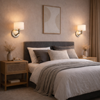 Nebula Brushed Nickel Base Wall Lamp with Rotary Switch White Fabric Shade