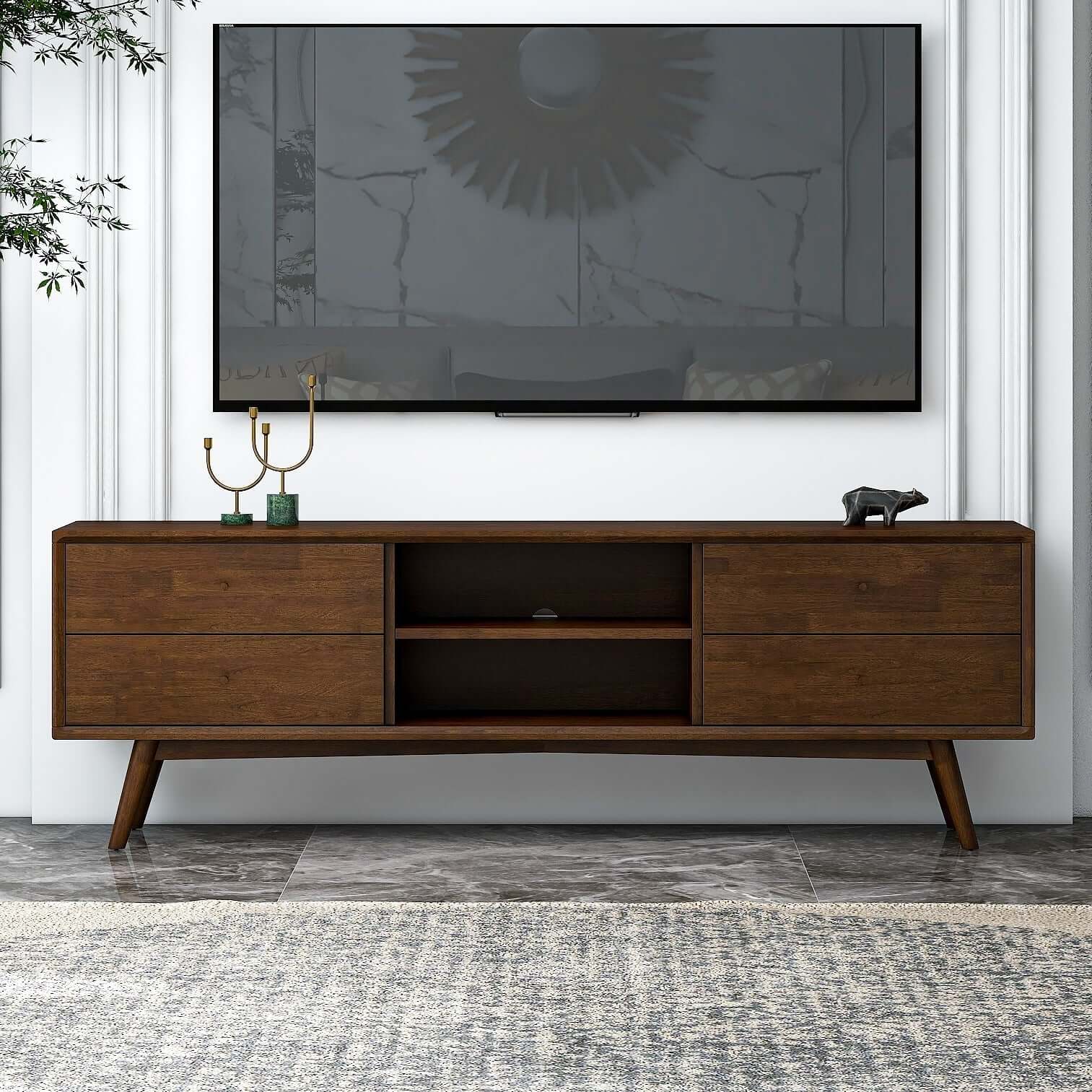 Caroline Mid-Century Modern Style Walnut TV Stand Up To 72"
