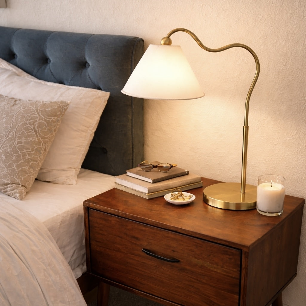 Ornate Brass Ring Base Curved Table Lamp with Triangle White Drum Shade