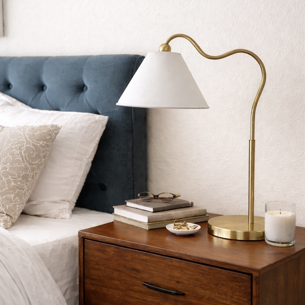 Ornate Brass Ring Base Curved Table Lamp with Triangle White Drum Shade