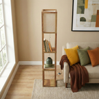 Pinnacle Shelf Floor Lamp For Bedroom/Living Room, Natural Wood with Long Shade