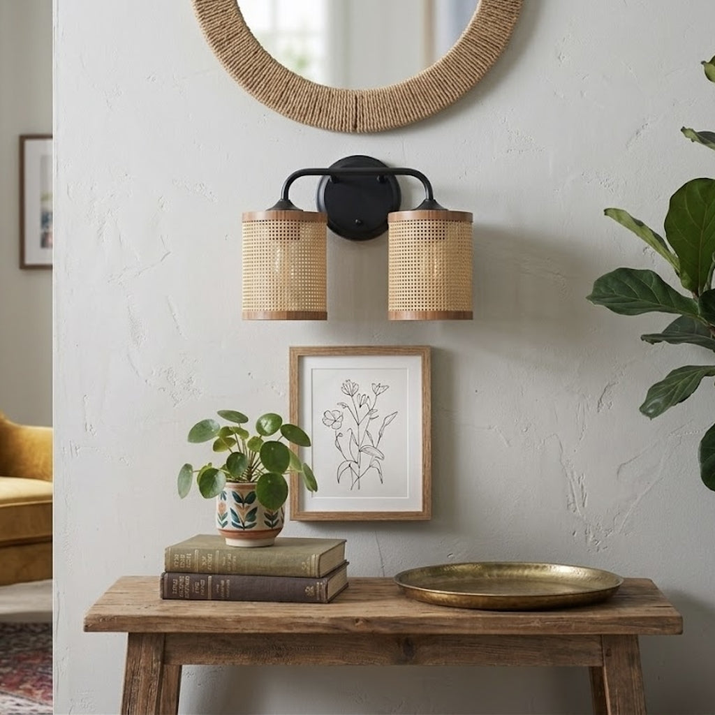 Quell 2-Light Rattan Wall Sconce with Black Metal Finish
