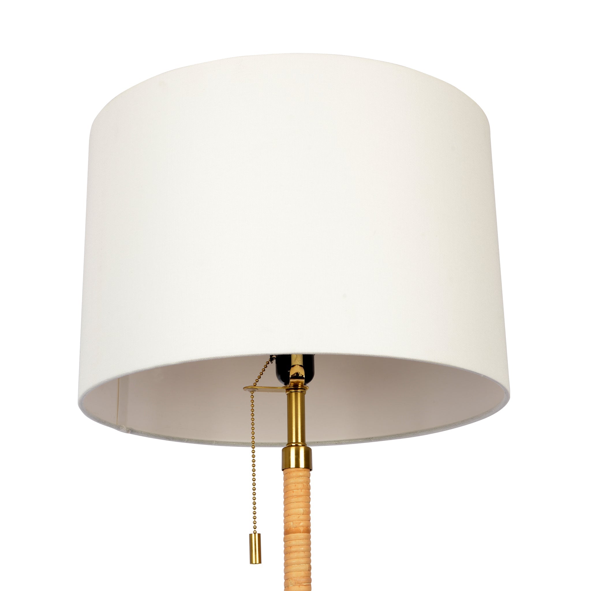 Stellar Wood Rattan Tube - Gold Brass Metal and White Linen Shade Floor Lamp