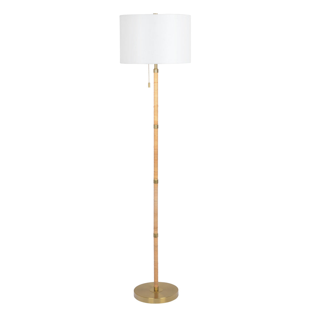 Stellar Wood Rattan Tube - Gold Brass Metal and White Linen Shade Floor Lamp