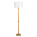 Stellar Wood Rattan Tube - Gold Brass Metal and White Linen Shade Floor Lamp