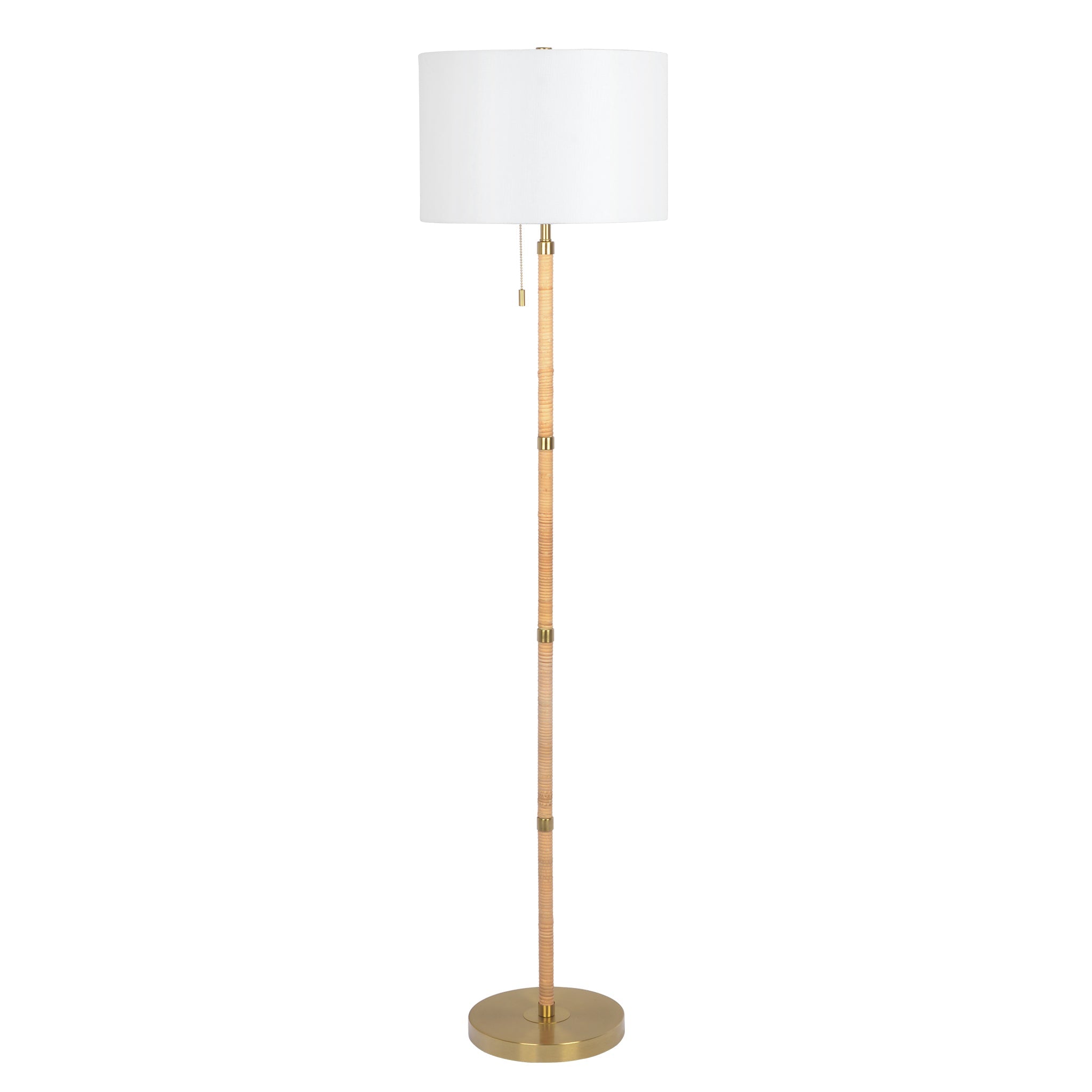 Stellar Wood Rattan Tube - Gold Brass Metal and White Linen Shade Floor Lamp