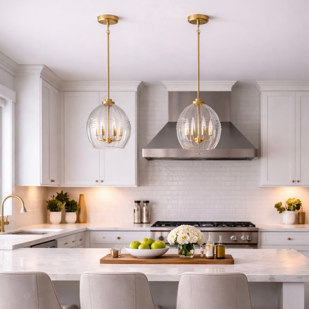 Zen Five Pendant Chain Hanging Light with Clear Glass - Satin Brass