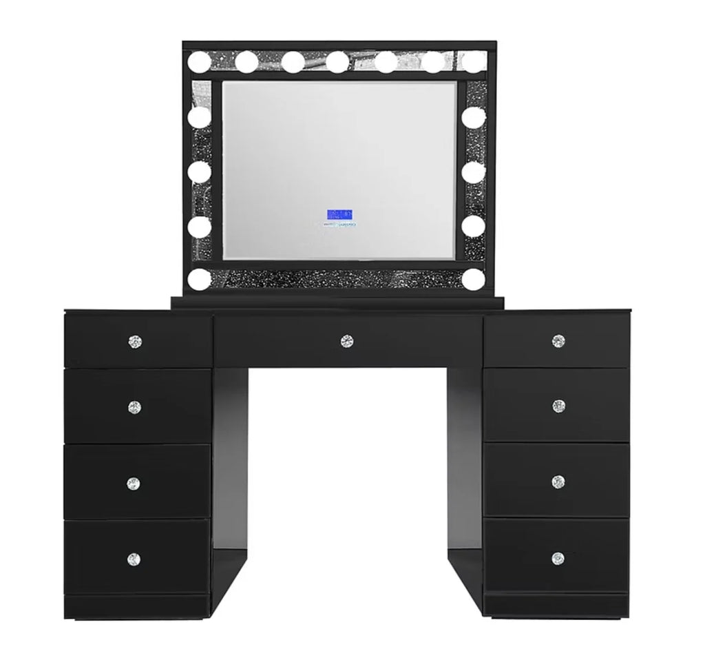 Ella black vanity and illuminated mirror on a clean white background