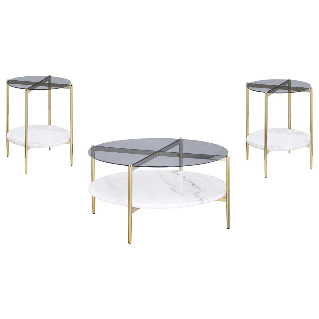 Jonelle Round Glass Top Coffee Table White Marble Shelf Gold