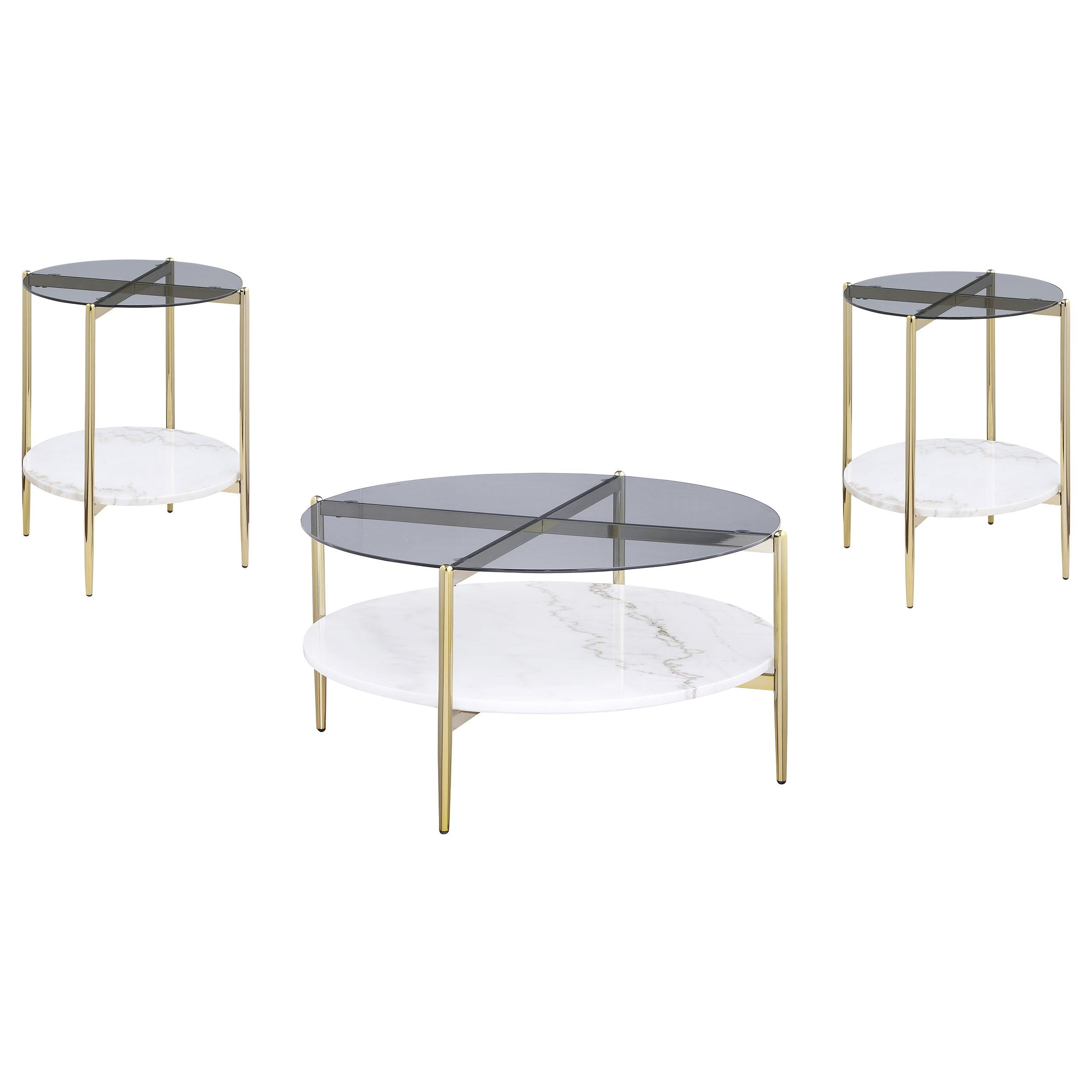 Jonelle Round Glass Top Coffee Table White Marble Shelf Gold