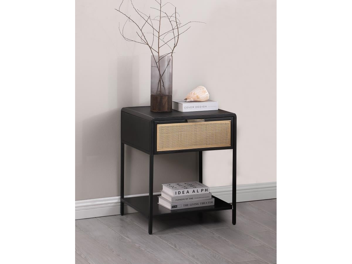 Amherst 1-drawer Radio Weave Cane Metal Bedside Table Black