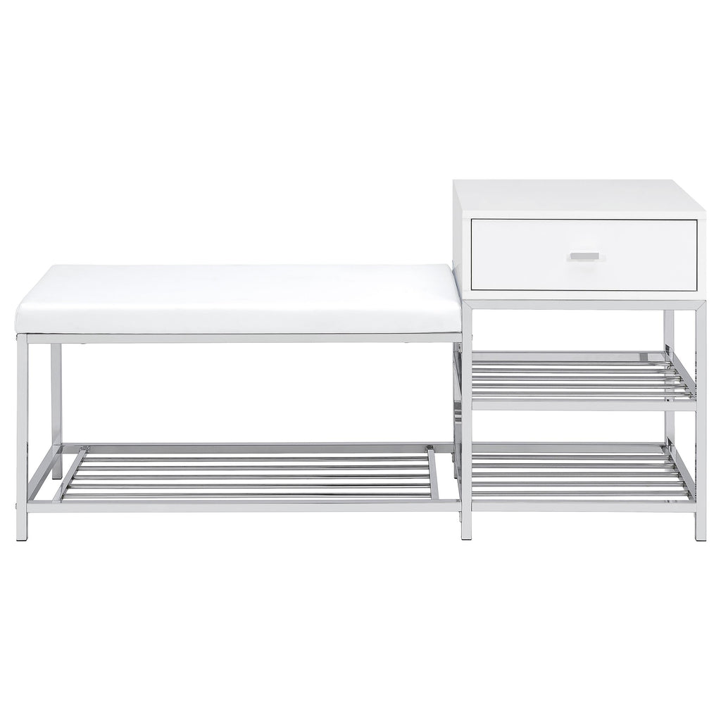 Siega 1-Drawer Shoe Storage Entryway Bench White High Gloss and Chrome