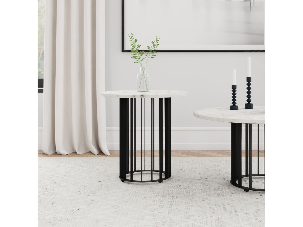 Haven Round Genuine White Marble Top End Side Table Black