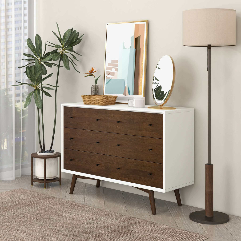 Caroline Mid-Century Modern White Dresser 6 Drawer
