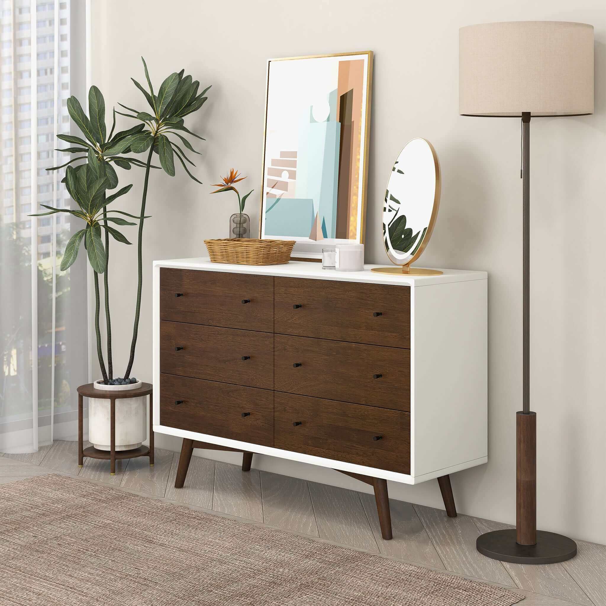 Caroline Mid-Century Modern White Dresser 6 Drawer