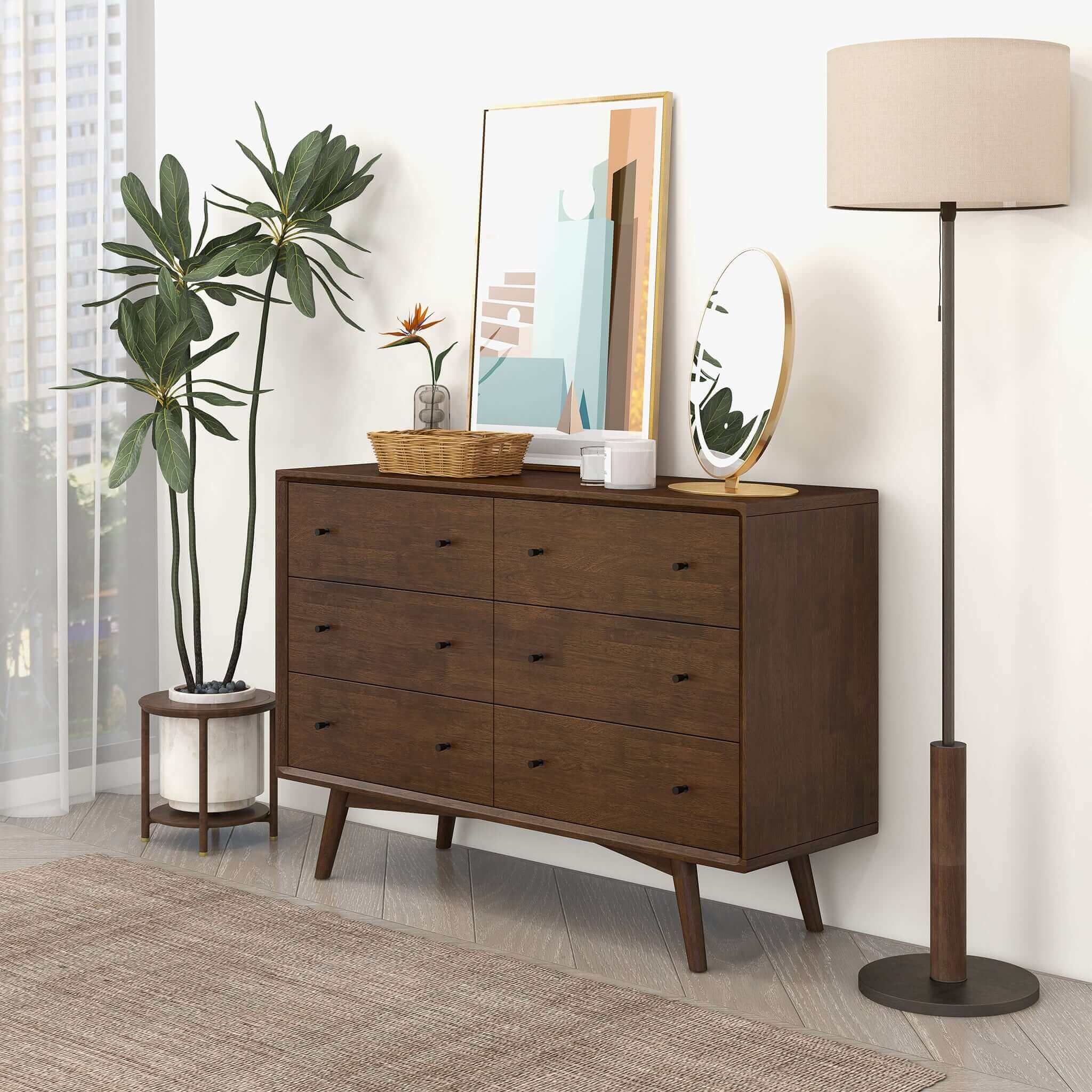 Caroline Mid Century Modern Walnut Dresser 6 Drawer