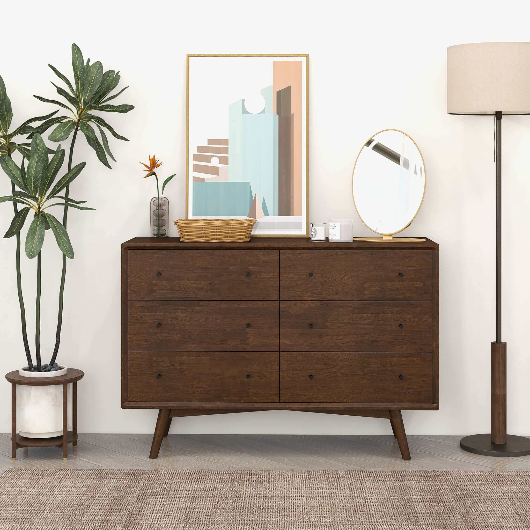 Caroline Mid Century Modern Walnut Dresser 6 Drawer