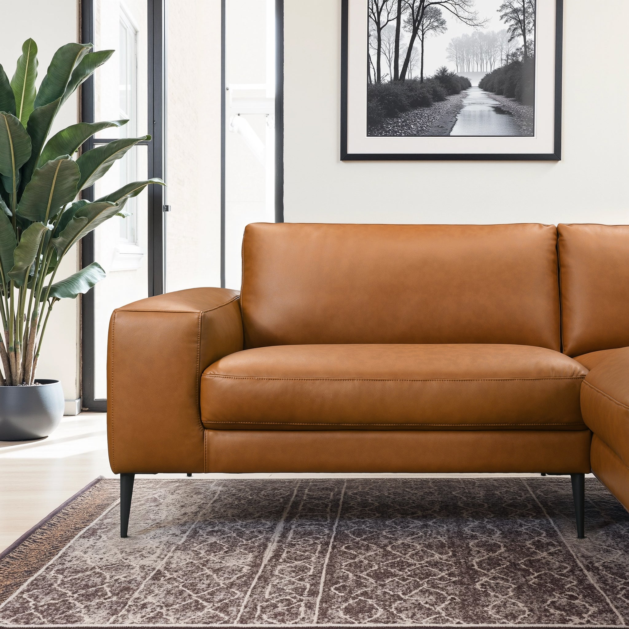 Easley Mid-Century Modern Cognac Vegan Leather Wide-Arm Sofa