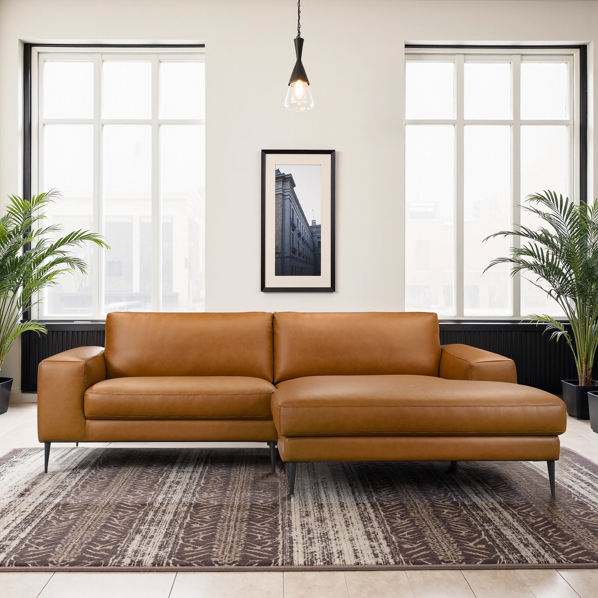 Easley Mid-Century Modern Cognac Vegan Leather Wide-Arm Sofa