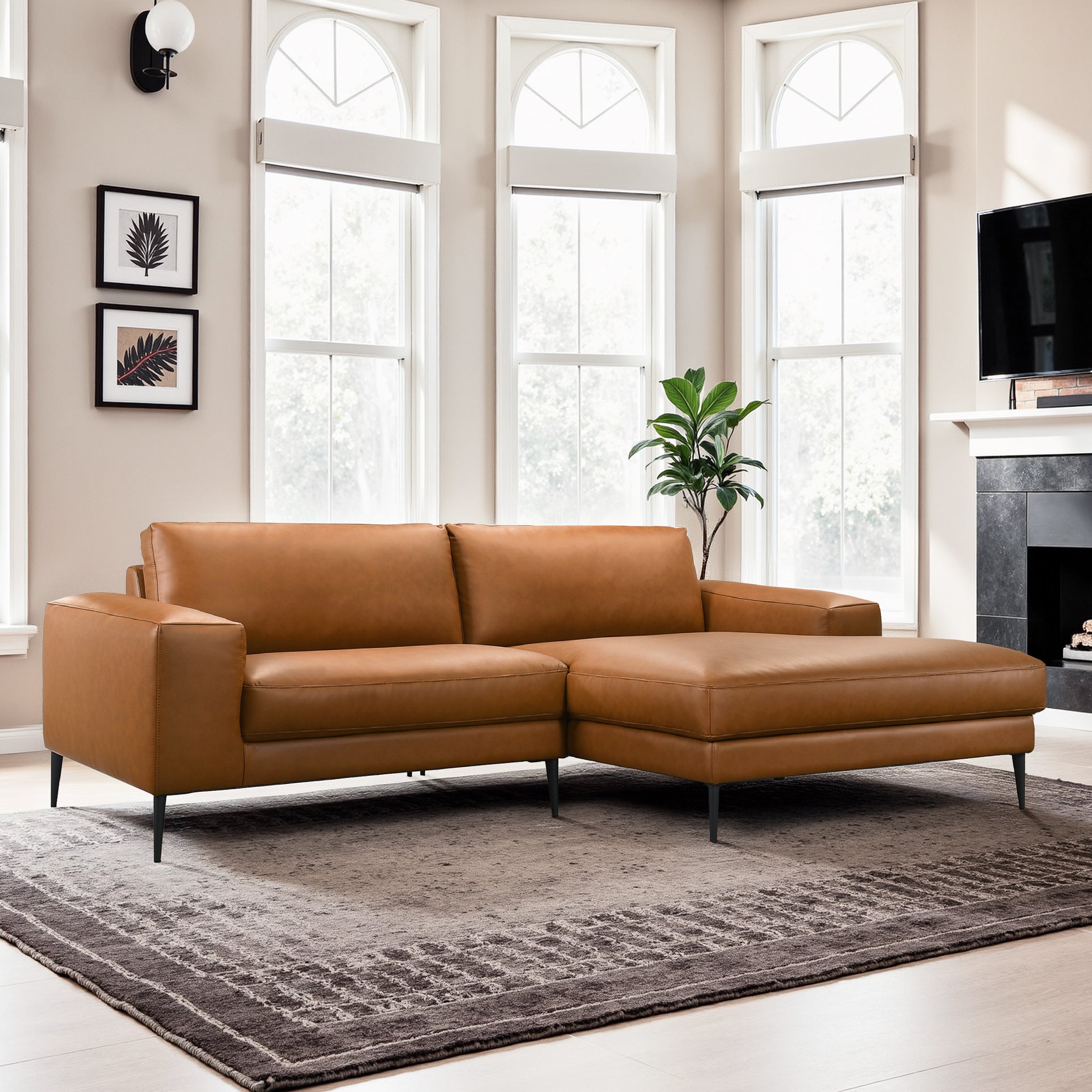 Easley Mid-Century Modern Cognac Vegan Leather Wide-Arm Sofa