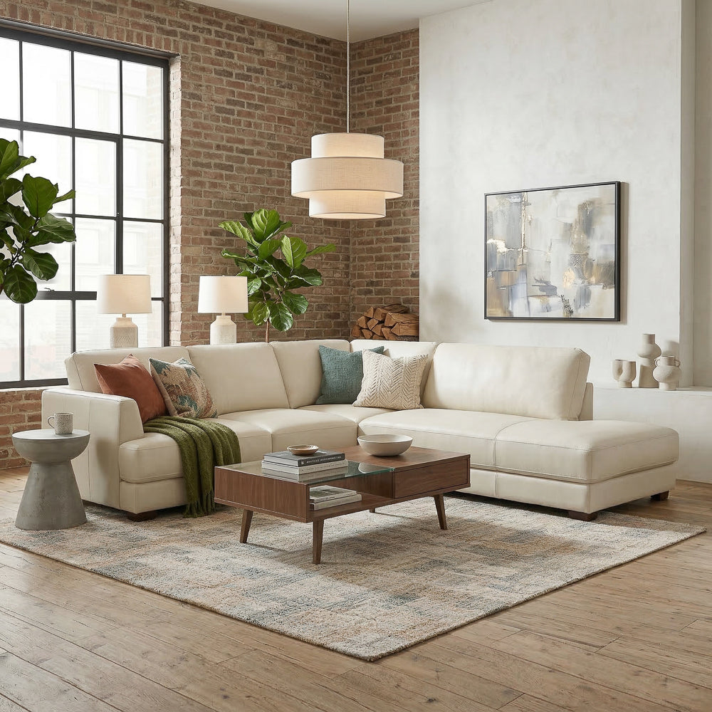 Glander Real Beige Leather Right-Facing Sectional