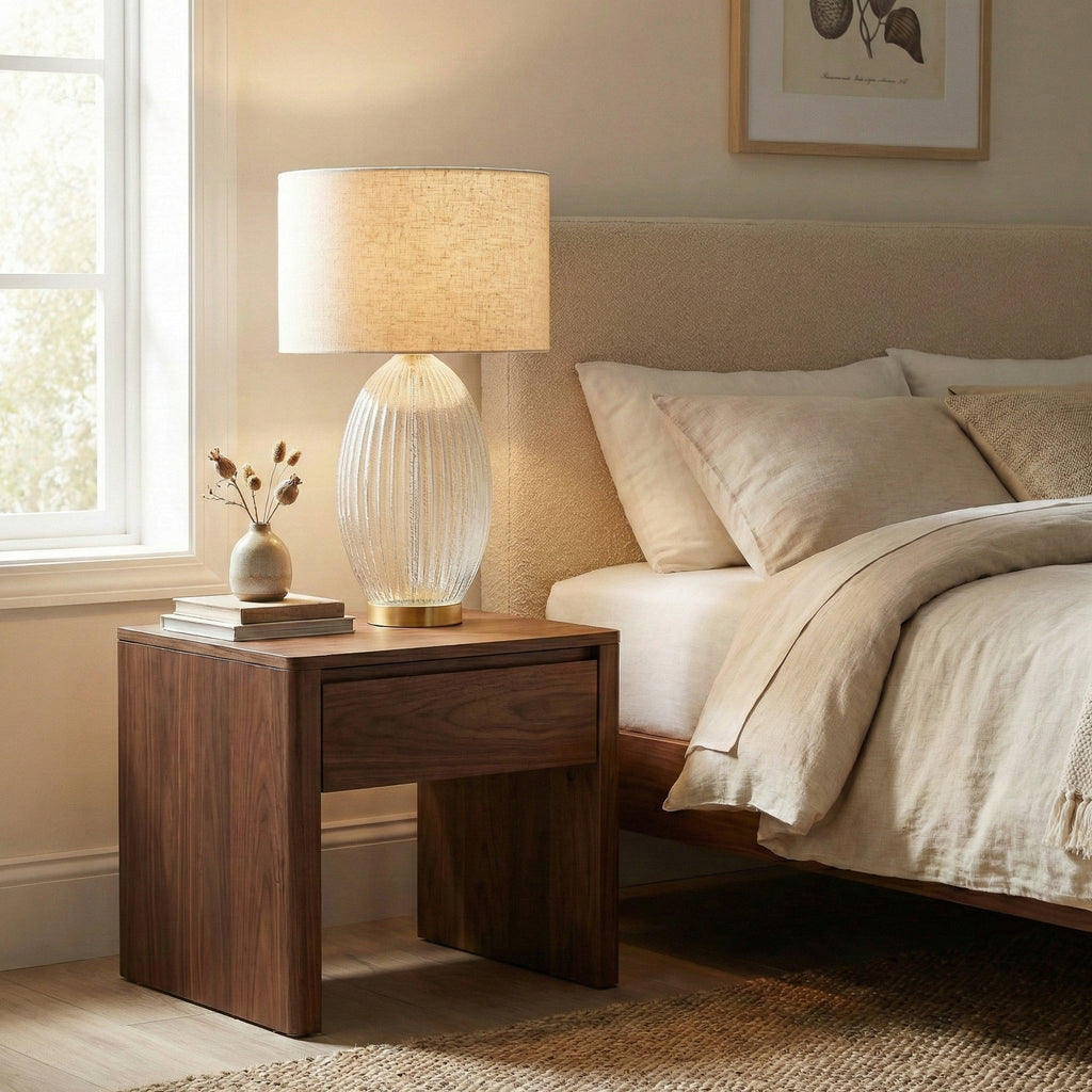 Aurora Ribbed Glass Lamp Base Clear Table Lamp Large Linen Shade