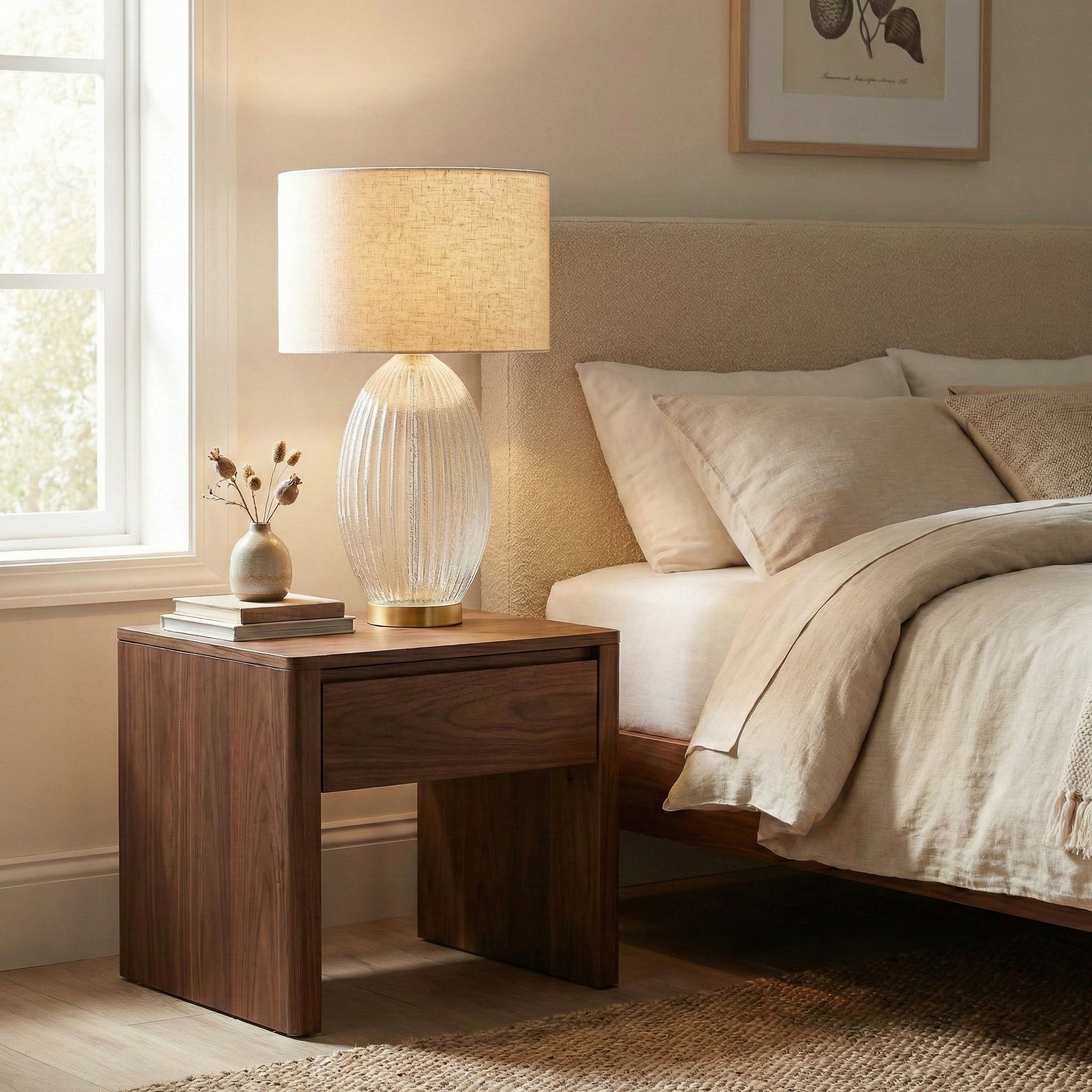 Aurora Ribbed Glass Lamp Base Clear Table Lamp Large Linen Shade