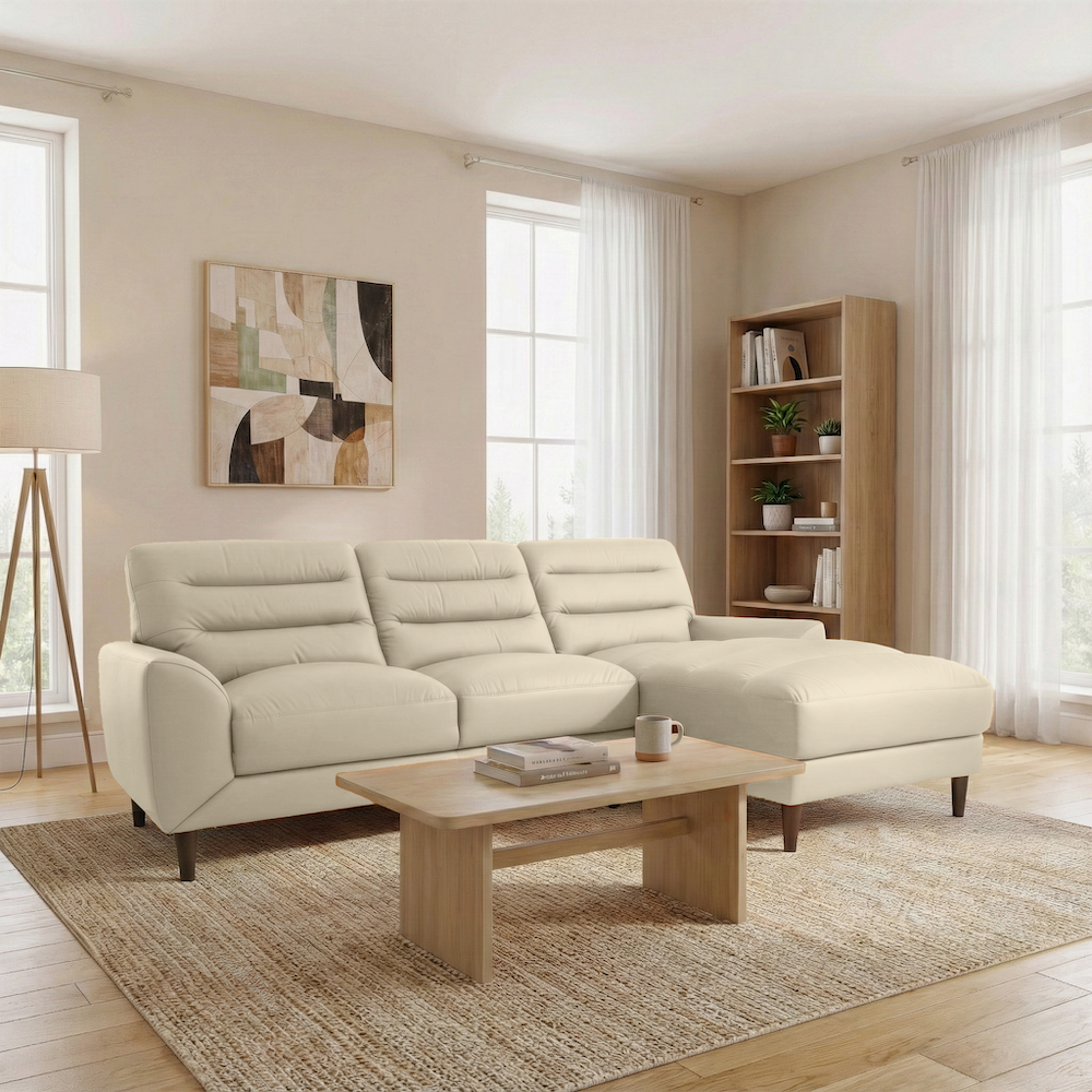 Clarion Genuine Cream Leather Sectional Sofa with Chaise Lounge