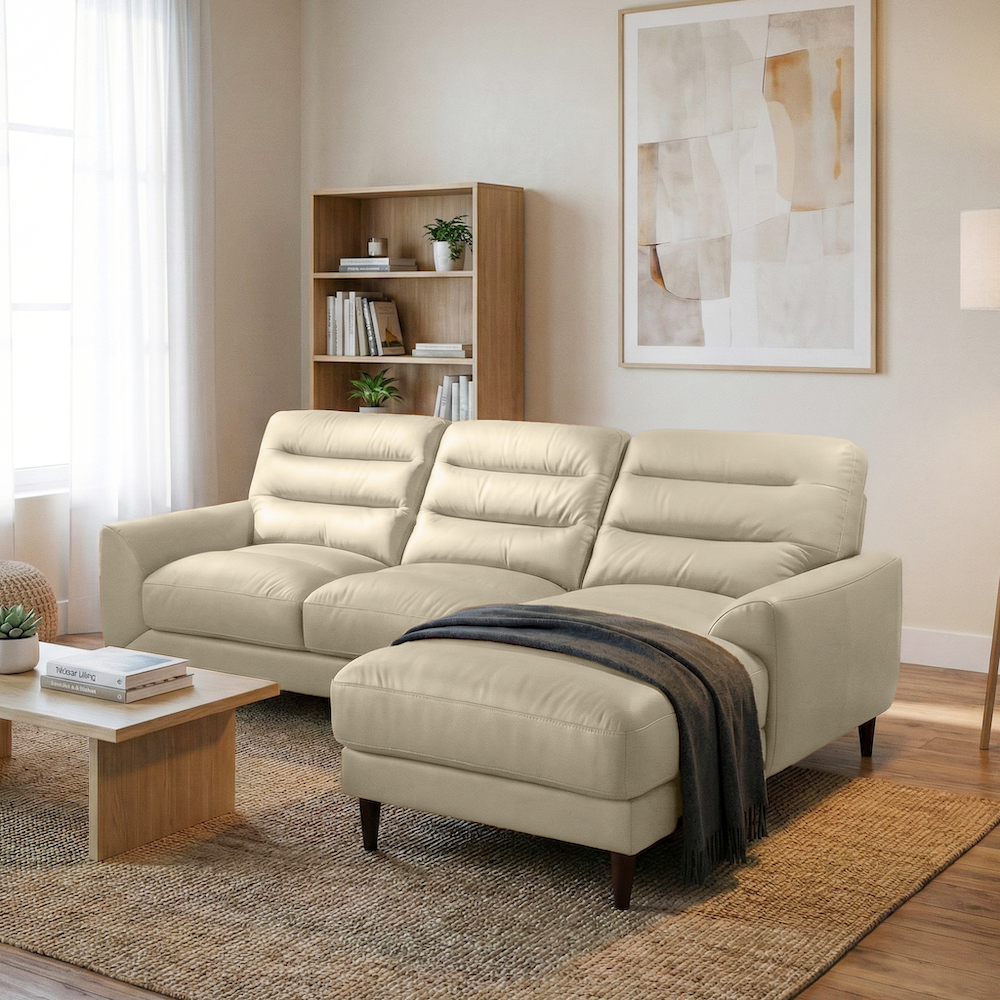 Clarion Genuine Cream Leather Sectional Sofa with Chaise Lounge