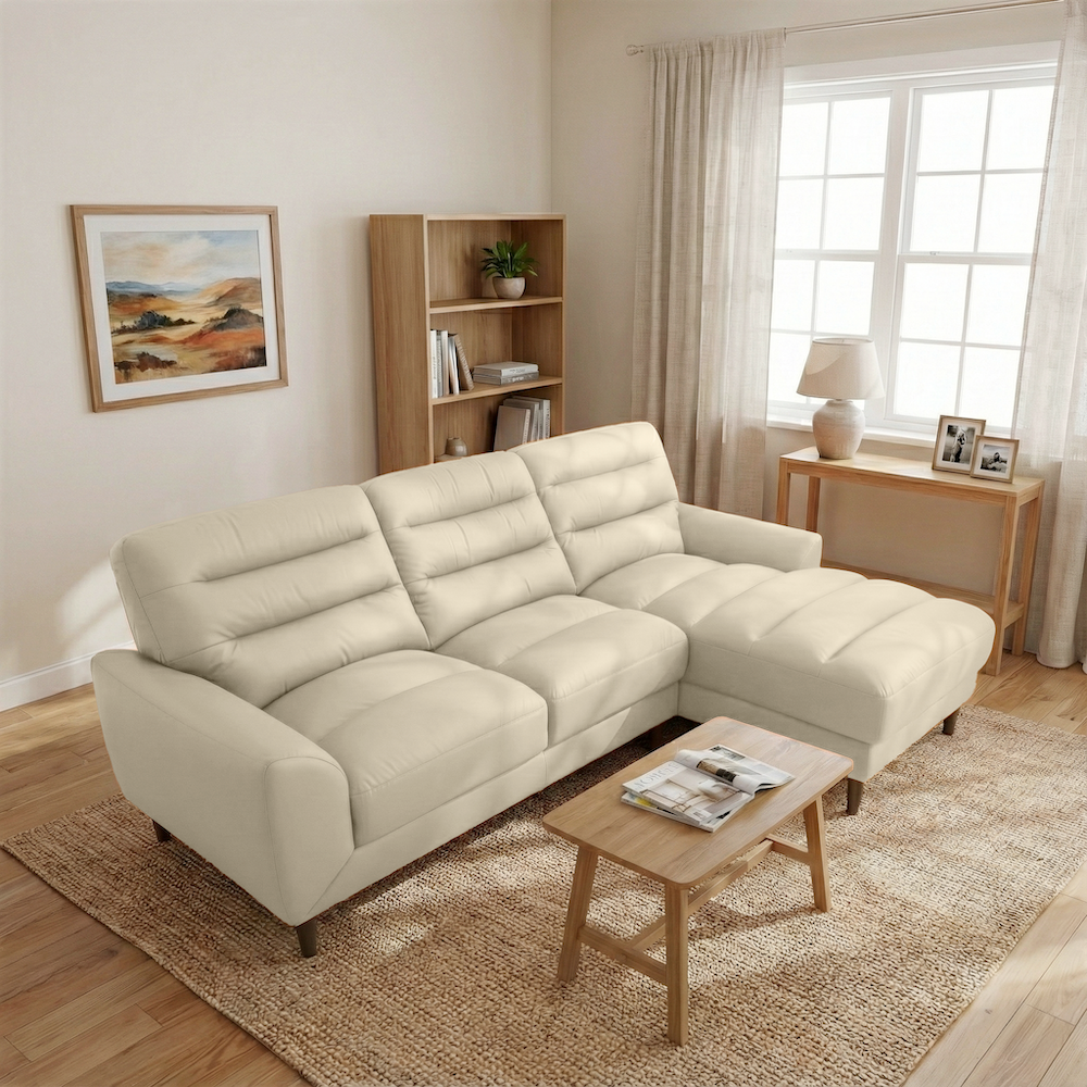 Clarion Genuine Cream Leather Sectional Sofa with Chaise Lounge