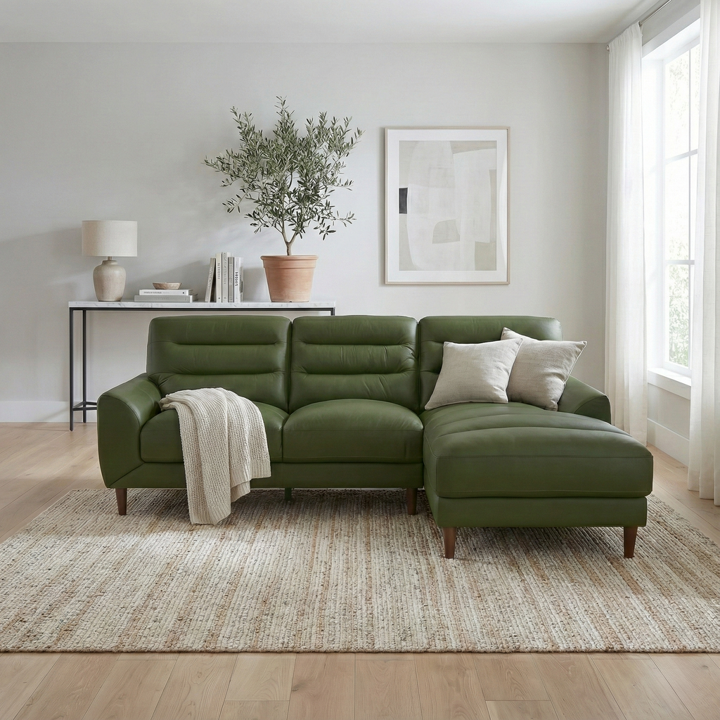 Clarion Genuine Green Leather Sectional Sofa with Chaise Lounge
