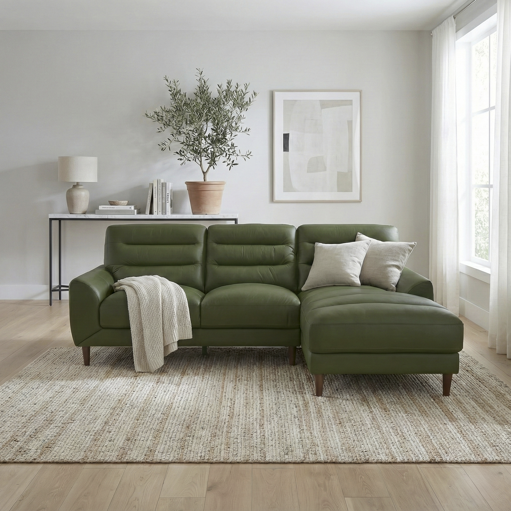 Clarion Genuine Green Leather Sectional Sofa with Chaise Lounge
