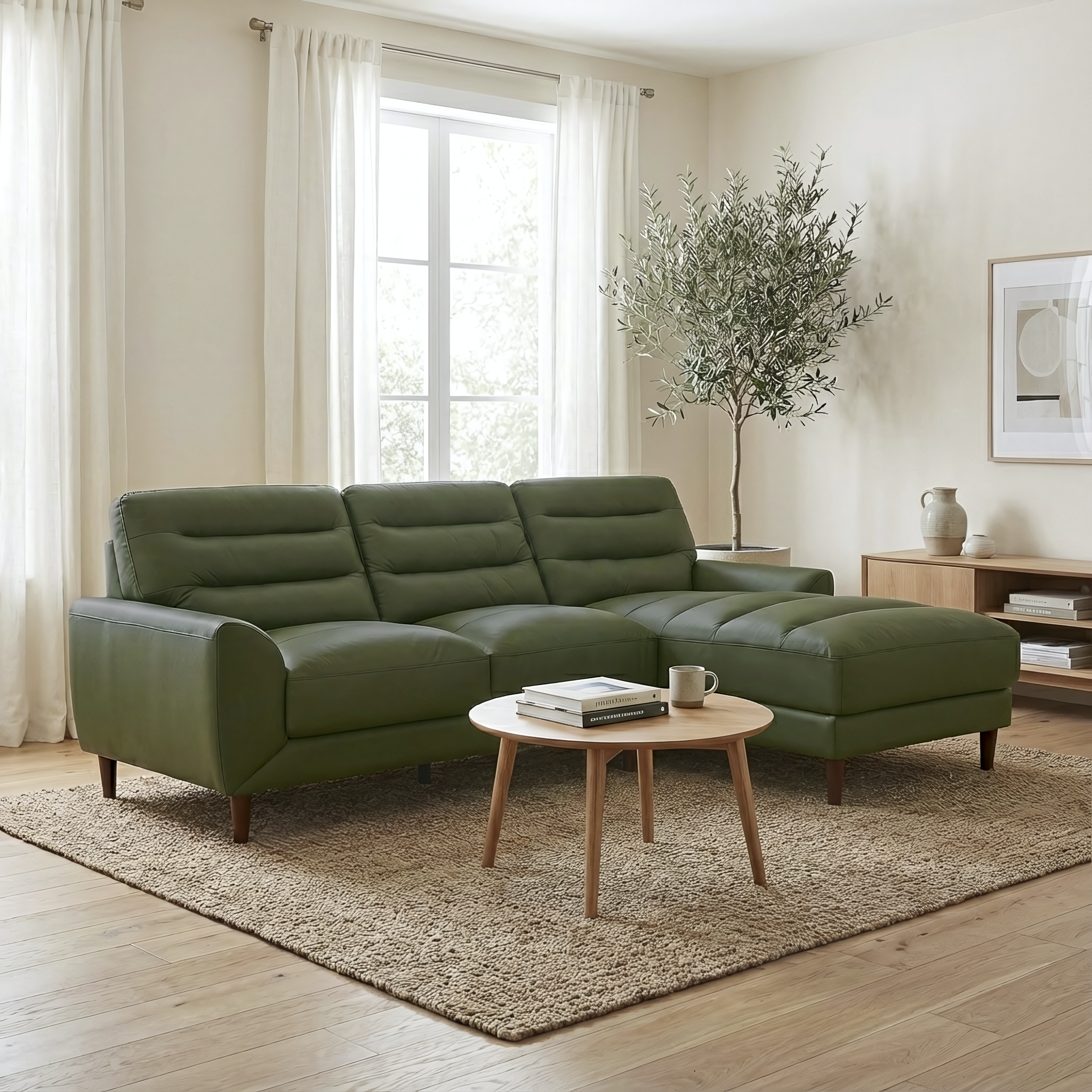 Clarion Genuine Green Leather Sectional Sofa with Chaise Lounge