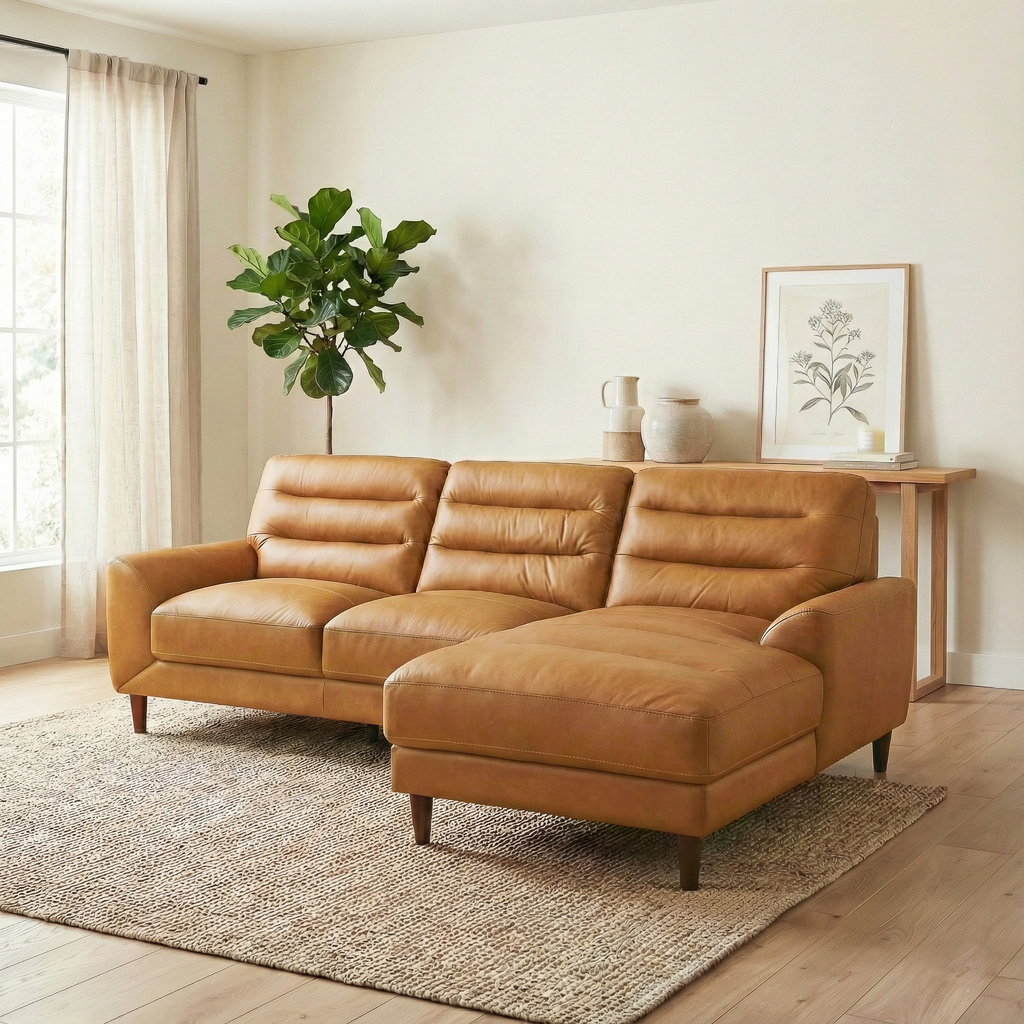Clarion Genuine Tan Leather Sectional Sofa with Chaise Lounge