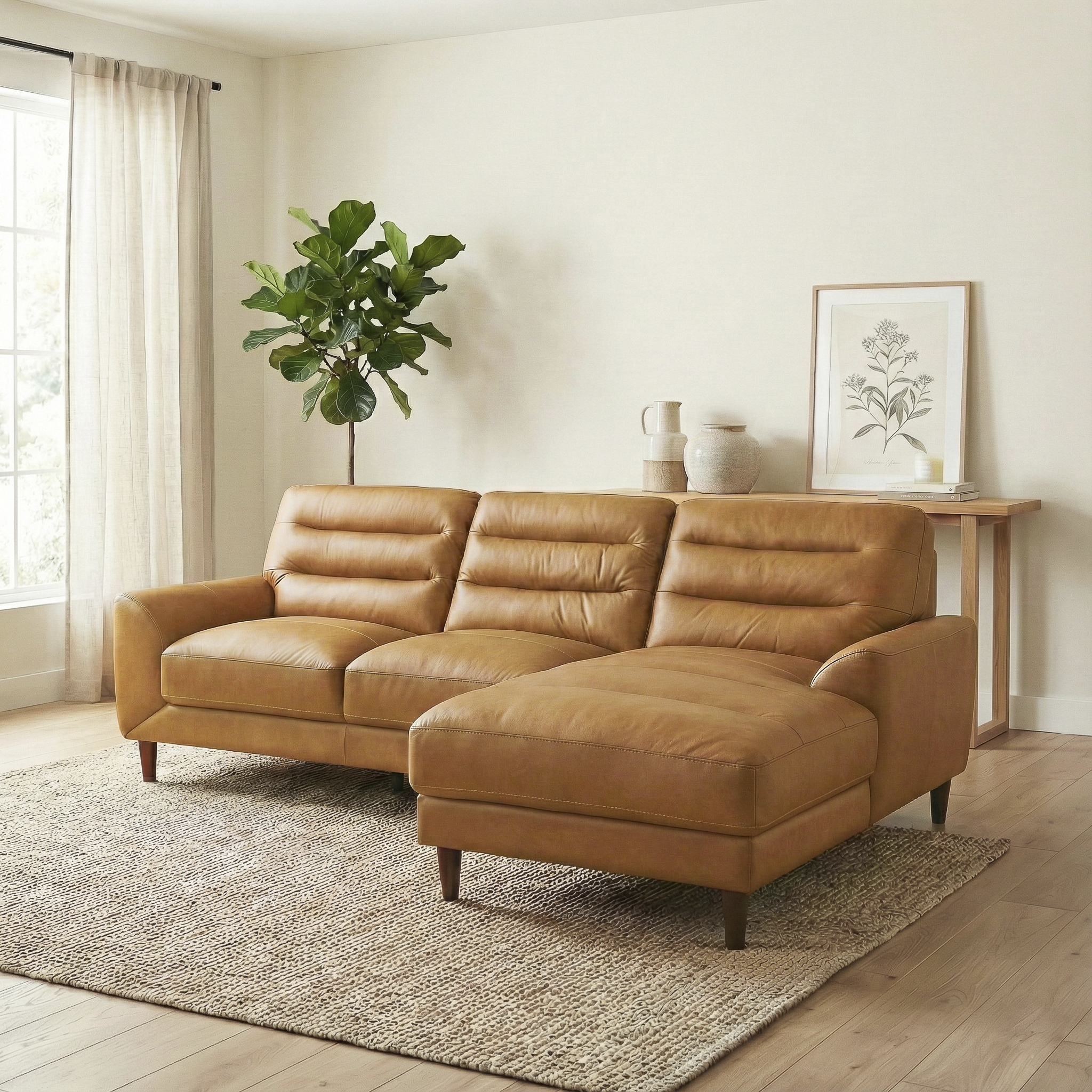 Clarion Genuine Tan Leather Sectional Sofa with Chaise Lounge