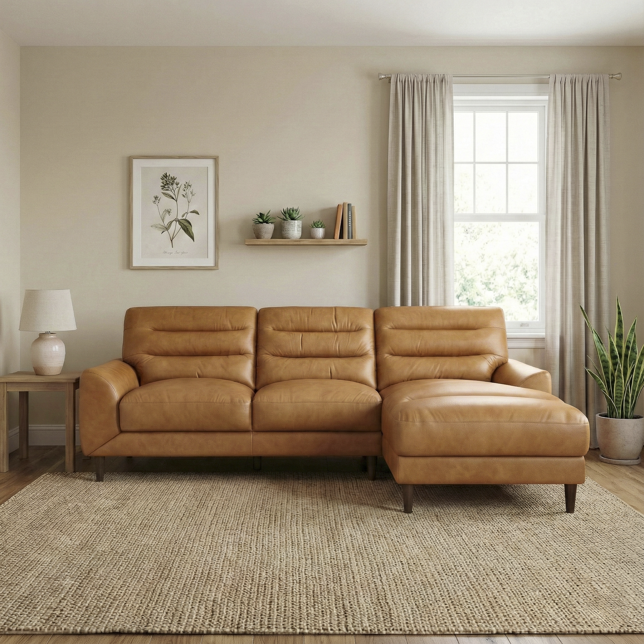 Clarion Genuine Tan Leather Sectional Sofa with Chaise Lounge