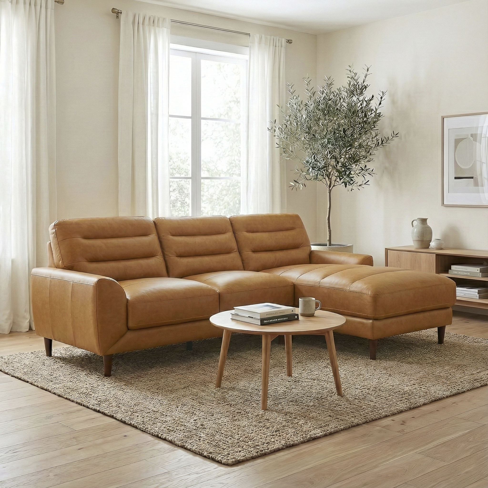 Clarion Genuine Tan Leather Sectional Sofa with Chaise Lounge
