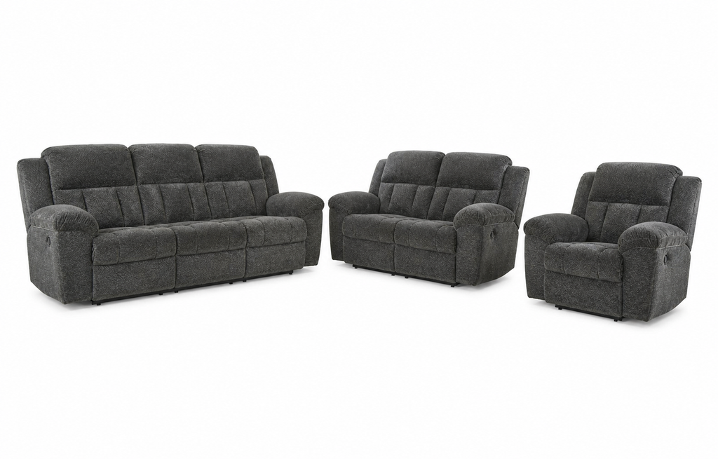 Graphite three-piece reclining sofa, loveseat and chair set