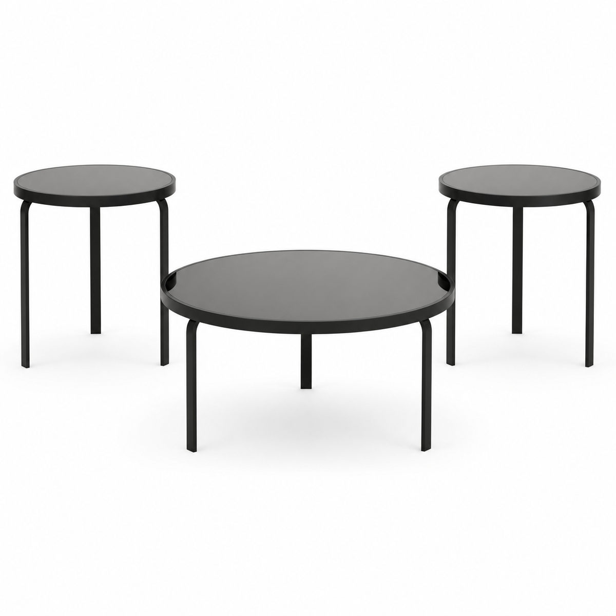 Ashley Dorylin three-piece black glass table set on white background