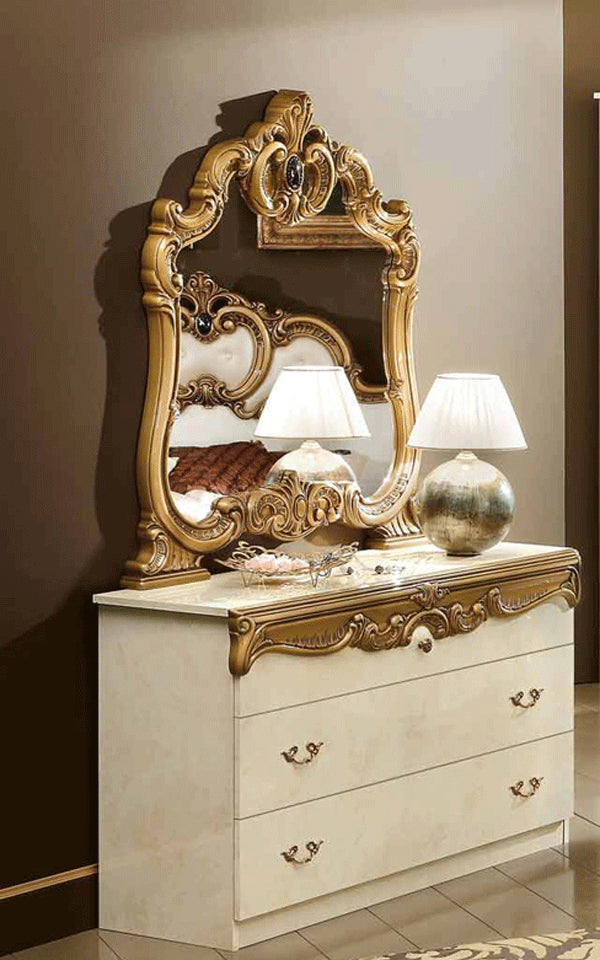 ESF Furniture - Barocco Double Dresser with Mirror Set in Ivory-Gold - BAROCCODRESSERIVORYG-M