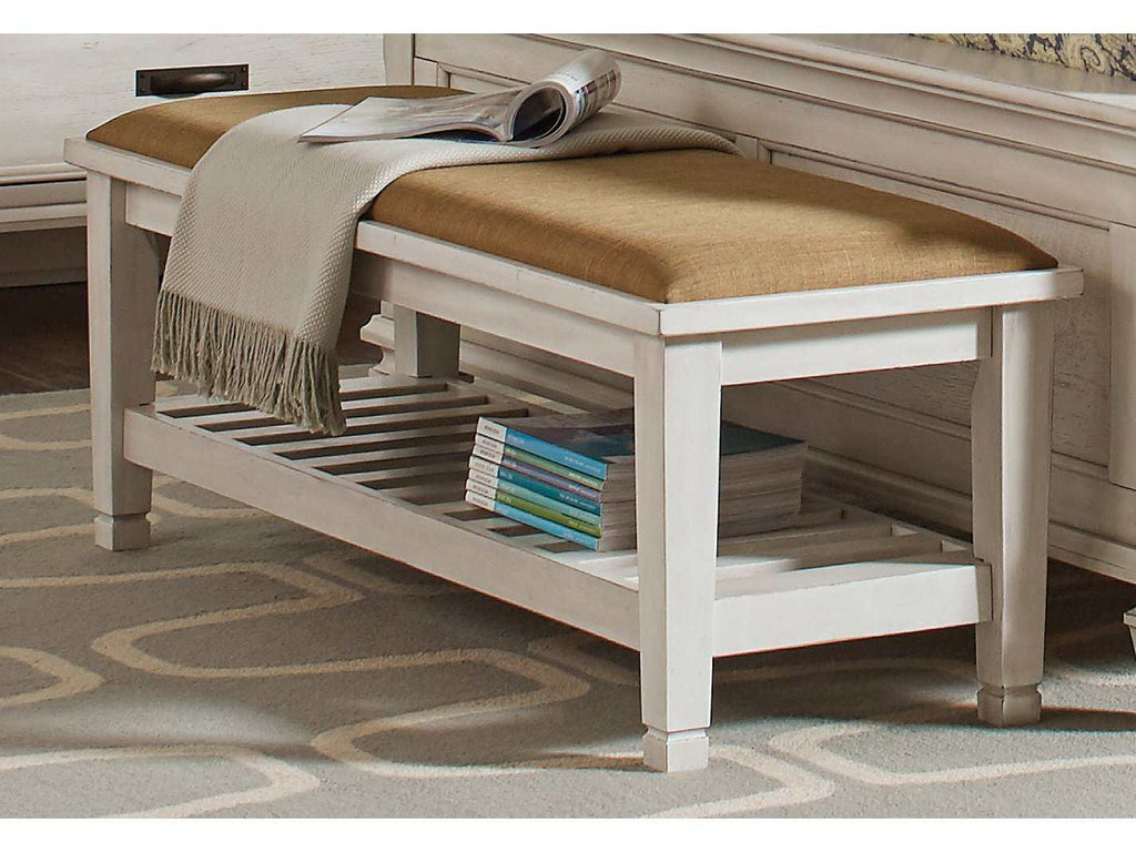 Franco Fabric Upholstered Bench with Shelf Distressed White