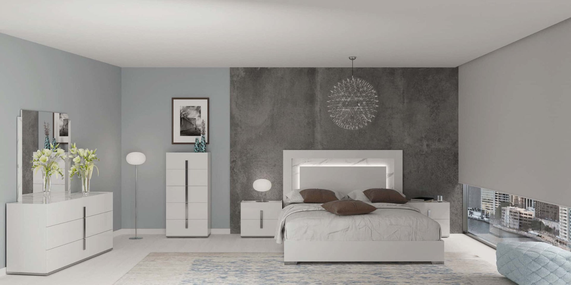 ESF Furniture - Carrara 5 Piece King Bedroom Set w-Light in White - CARRARA-EK-5SET