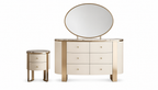 Corvina cream and gold dresser, oval mirror, and nightstand on a white background