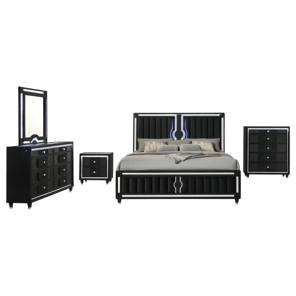 Ravenne 4-piece Velvet Upholstered Eastern King LED Bedroom Set Black